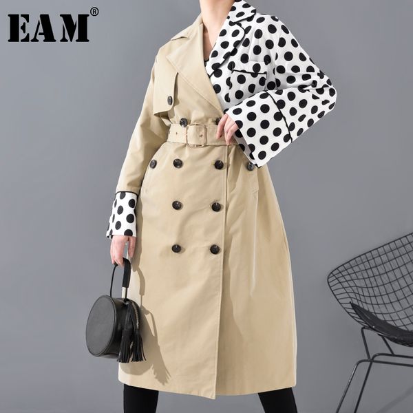 

[eam] women dot printed split joint big size trench new lapel long sleeve loose fit windbreaker fashion tide spring 2020 oa70104, Tan;black