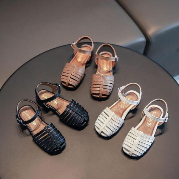 

2020 new vintange weave solid girl's sandals closed toe sandals for princess baby flat girls summer kids dance shoes, Black;red