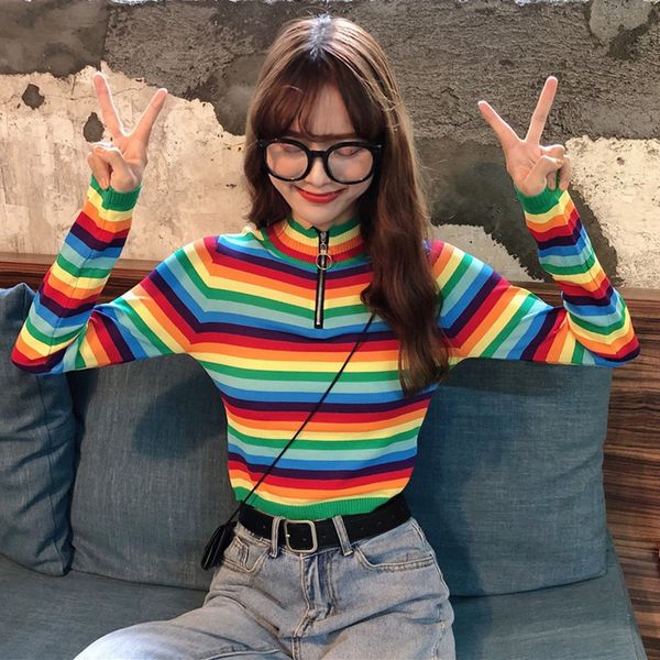 

2019 new women autumn winter stripes print slim long sleeved sweet girl zipper collar slim bottom knit sweater, White;black
