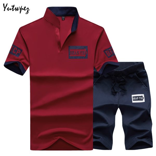 

sportsuits set men 2019 brand fitness suits summer 2pc short set mens stand collar fashion 2 pieces t-shirt shorts tracksuit, Gray