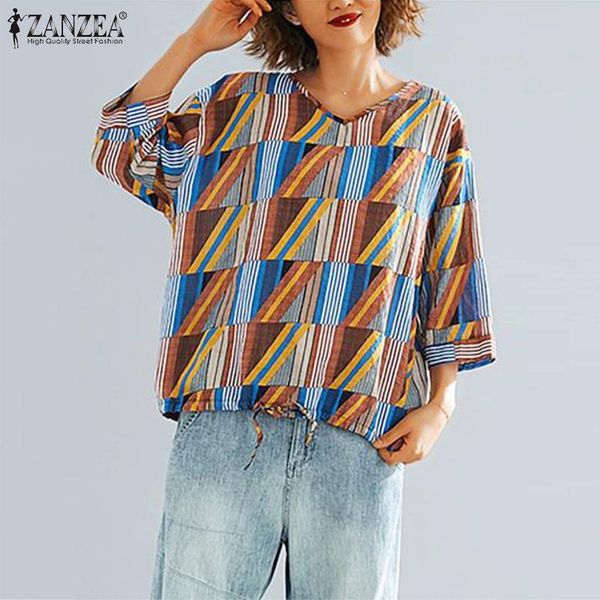 

2020 zanzea geometric printed women's summer blousevintage stripe casual blusas femininas female 3/4 sleeve tunic 5xl, White