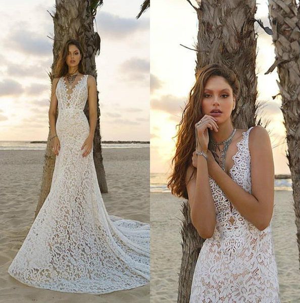 

2018 rish mermaid wedding dresses vestidos de noiva v neck backless lace bridal gowns bohemia beach wedding dress, White