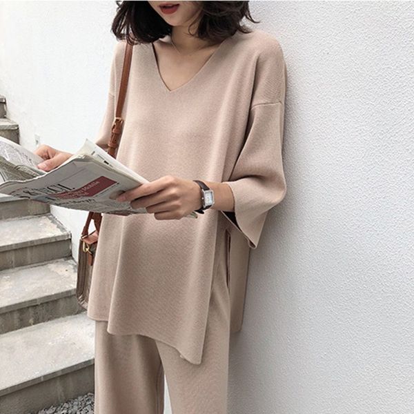

women autumn knitted tracksuit v-neck knitted pullover women suit clothing loose sweater wide leg pants suit, White