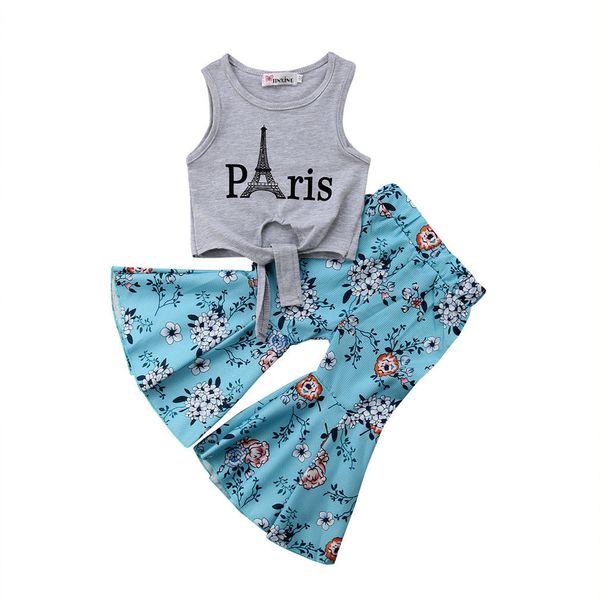 

Fashion New Toddler Baby Girl Summer Clothes Eiffel Tower Vest Tops Floral Bell-bottom Flare Pant 2PCS Clothing Set