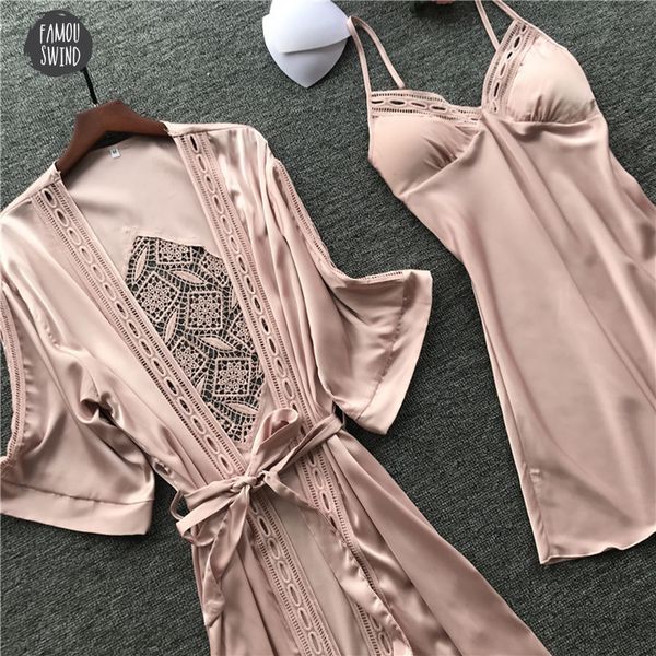 

women 2019 robe gown sets lace sleep lounge pijama long sleeve ladies nightwear dress bathrobe night with chest, Black;red