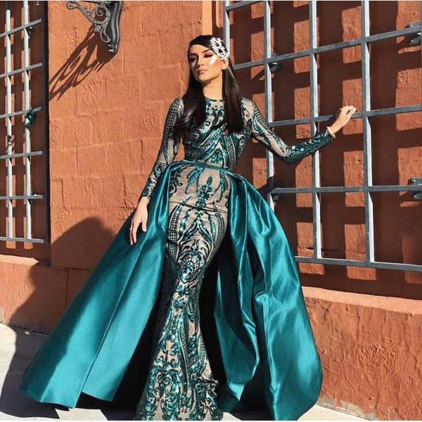 

sparkly emerald lace mermaid prom dresses with detachable train jewel neck sequined formal dress plus size satin long sleeves evening gowns, Black
