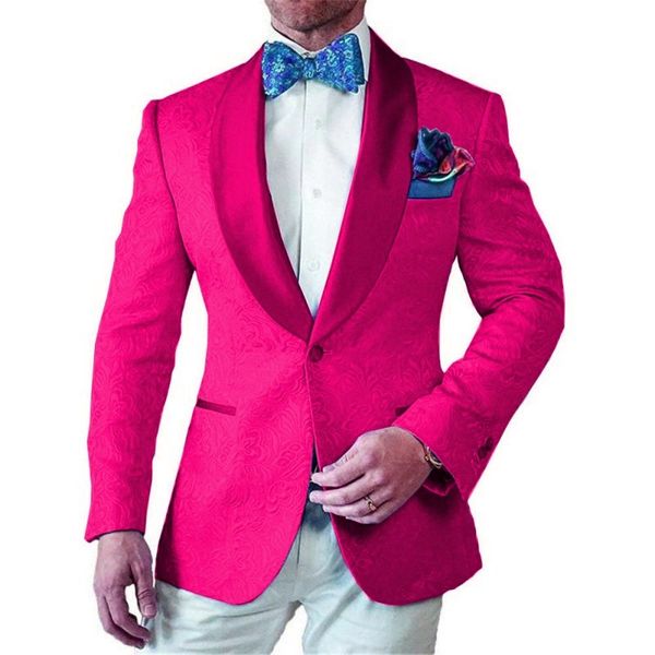 Brand New Men костюмы Hot Pink Pattern и слоновой кости Groom Tuxedos шаль лацкане Groomsmen Свадьба Best Man 2 шт (куртка + штаны + Tie) L468