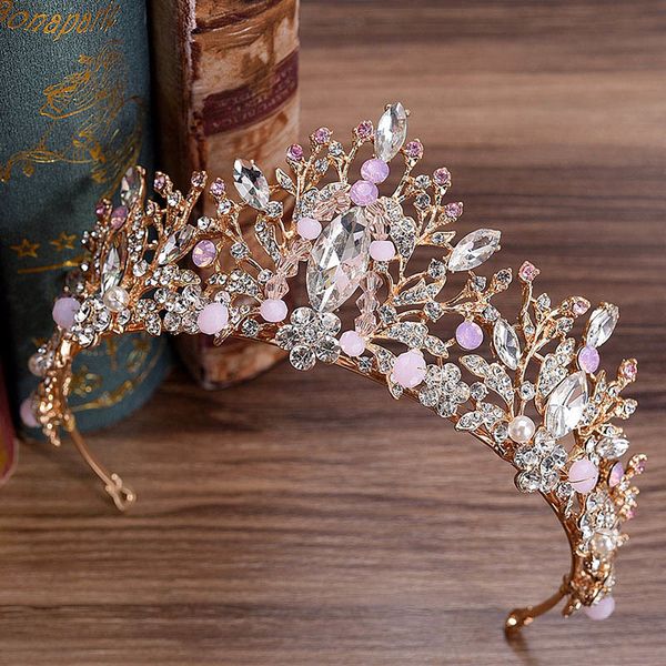 

wedding hair accessories baroque gold tiara bridal pink crown crystal rhinestone flowers big queen crown headband metal hairband, Golden;white