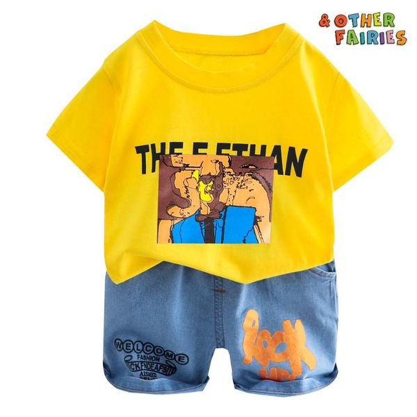 

baby boy clothing summer cotton short-sleeved shorts two-piece cartoon cute printed letter t-shirt casual sports baby boy suit, White