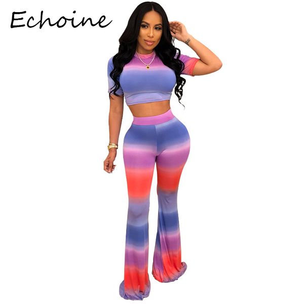 

echoine casual colorful women pants set short sleeve crop +long wide pants tracksuit sportwear two piece outfits for wo, White