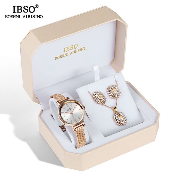 

ibso brand women crystal design female jewelry fashion creative quartz watch earring necklace set lady's gift c19041202, Slivery;brown