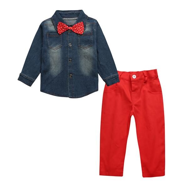 

spring autumn boy clothing set children denim clothes toddler boys clothes suit kids gentleman dot bow outfits, White