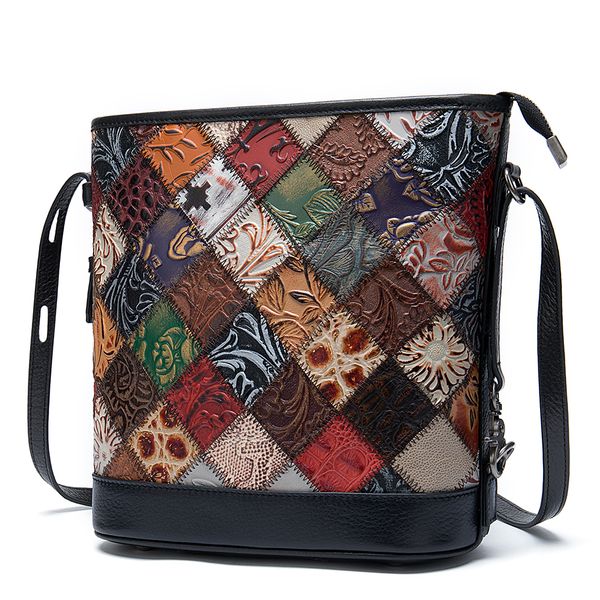 

female messenger bucket bag patchwork ladies travel bag national style genuine embossed leather women shoulder crossbody bags