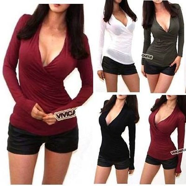 

2015 womens long sleeve v neck slim t shirt fashion casual blouse shirt tee, White