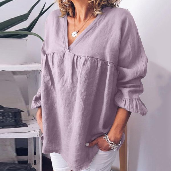 

women's summer fashion cotton-linen pure-color v-collar loose casual, White