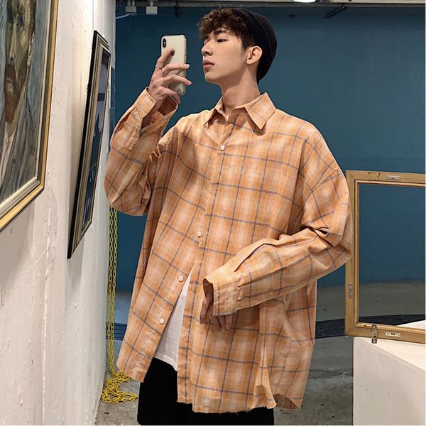 

2019 spring and summer new arrivals trend korean version of the couple graffiti plaid fashion long-sleeved casual shirt, White;black