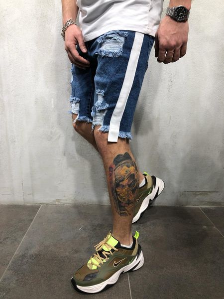 

summer new men jean shorts fashion ripped half draped striped shorts male biker hiphop shorts, White;black