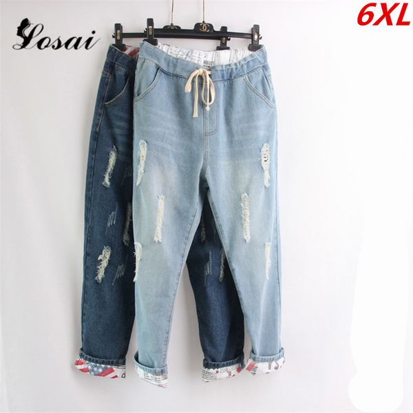 

плюс размер 6xl высокой талией boyfriend джинсы женские джинсы denim шаровары повседневные брюки мама ripped для женщин, Blue