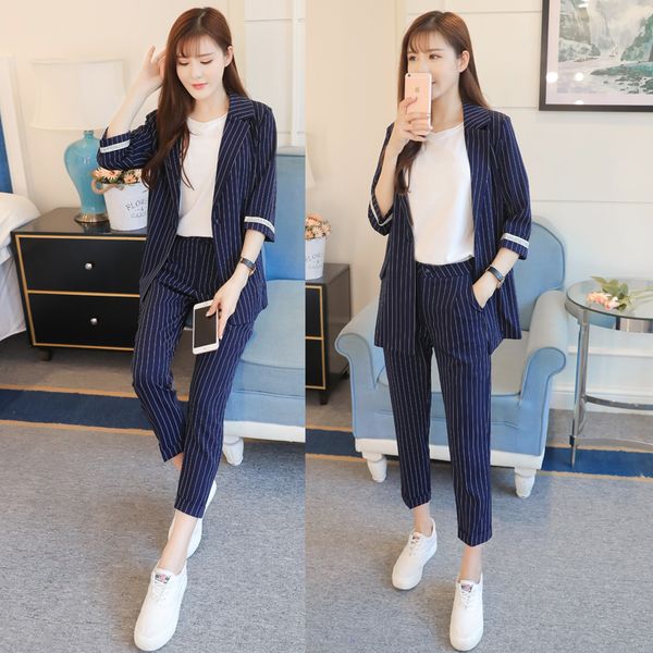 

women's suits & blazers spring female suit ms han edition jacket long sleeve fashion asymmetric nine minutes of pants two-piece set out, White;black
