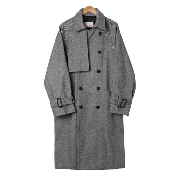 

male streetwear jacket outerwear men double breasted vintage fashion casual loose wool long trench coat, Black