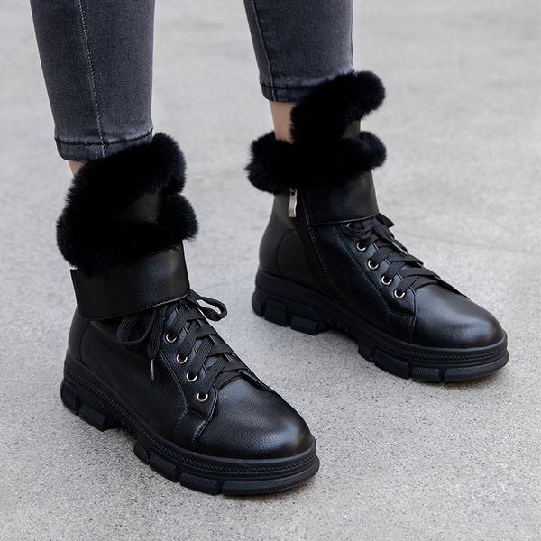 

ymechic 2019 fashion warm winter woman shoes fur tassel cross tie hook black beige ankle boots wedge high heel biker boot