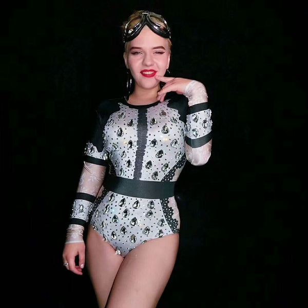 

printed rhinestone shining high-elastic long-sleeved stage costumes for singers female singer dancer bright bodysuit women, Black;red