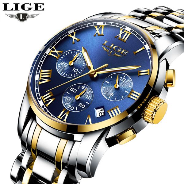 

lige watches men fashion brand multifunction chronograph quartz sport wristwatch male watch men clock relogio masculin, Slivery;brown