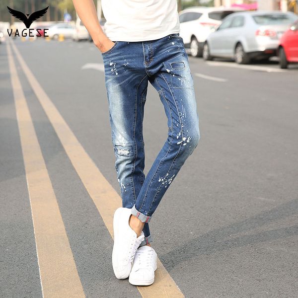 

new design vagese men jeans ripped hole mens casual jeans denim for men patches dot harem jean hombres, Blue