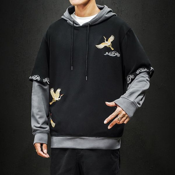 

embroidery chinese cranes thin hoodies pullover hooded sweatshirts 2019 autumn harajuku hiphop casual streetwear ff2323, Red
