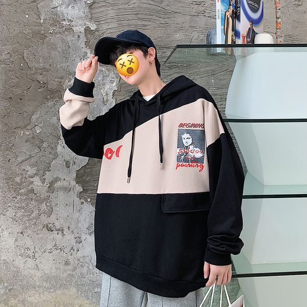 

2019 autumn and winter men's new casual hit color letter printing hooded hoodies loose temperament trend cotton harajuku, Black