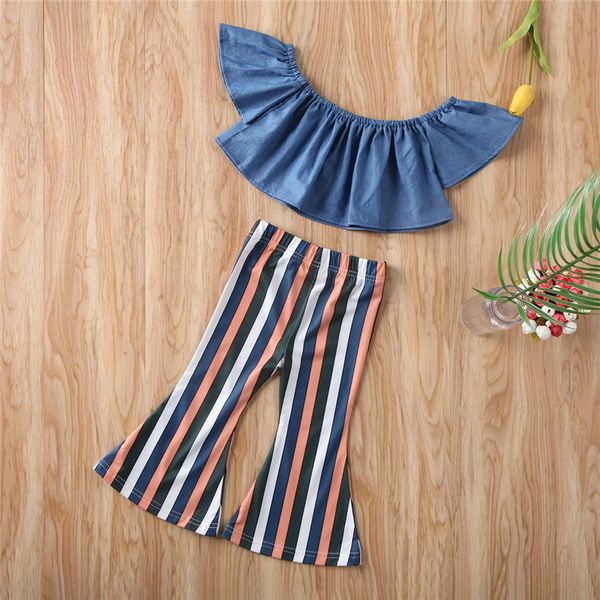 

summer children clothing 2020 new brand toddler kids baby girl off shoulder blouse striped long pants leggings 2pcs sets, White