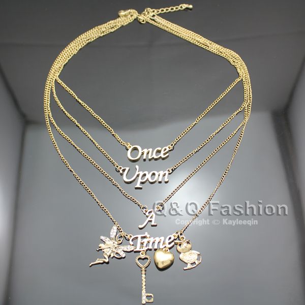 

jewelry vintage gold once upon a time words style owl key heart fairy multi layer chain pendant dropshipping chain necklace, Silver