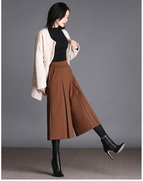 

casual solid woolen wide leg pants woman high waisted pockets calf-length wool trousers new black loose autumn winter pants, Black;white
