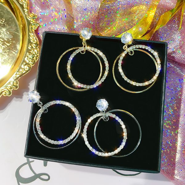 

s925 sterling silver needle кристалл sexy круглый круг хооп серьги для ювелирных изделий женщины девушки моды, Golden;silver