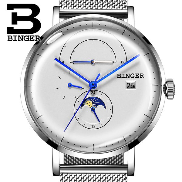 

multifunction mechanical watches men switzerland binger moon phase automatic watch men sapphire calendar week month montre homme, Slivery;brown