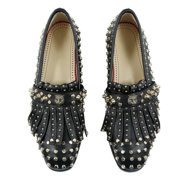 

black leather shoes mens round toe rivet tassel flat loafer shoes for man slip on round toe party shoes s03