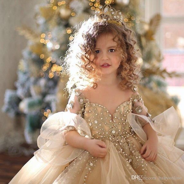 New Champagne Ball Gown Girls Pageant Dresses Long Sleeve Pearls