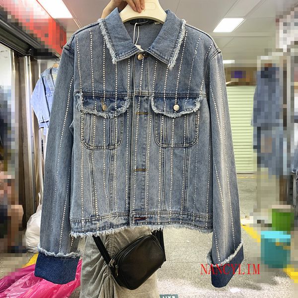 

2019 fall korean heavy industry stripe drilled denim coat jackets womens loose short jeans jacket girls students coats top, Black;brown