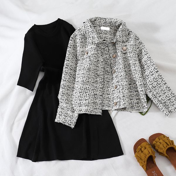 

2020 new fashion women's dresses autumn two piece set cardigan+long sleeve knit dress, Gray