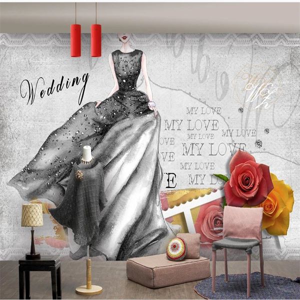 

3d customized wallpaper personality black wedding rose flower wallpapers clothing store background wall