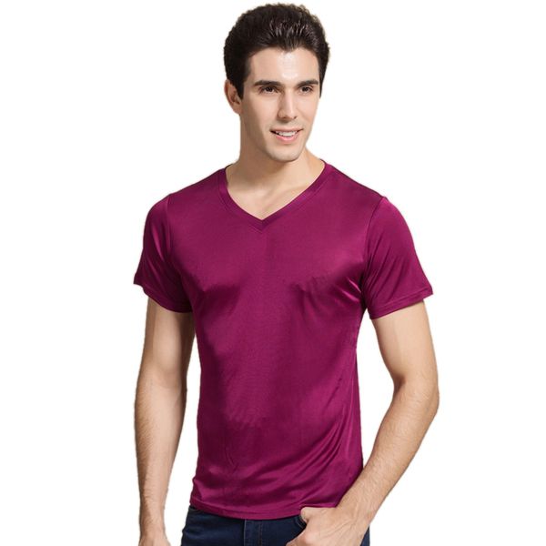 Herren-T-Shirts aus 100 % echter Seide, kurzärmelig, V-Ausschnitt, wild, schwarz, weiß, einfarbig, für Männer, T-Shirt mit Bodenbildung, Hemden, Tops