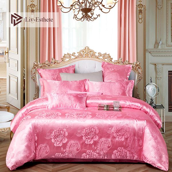 

liv-esthete new bedding set euro jacquard pink double bedspread flat sheet decorative home textiles bed linen set