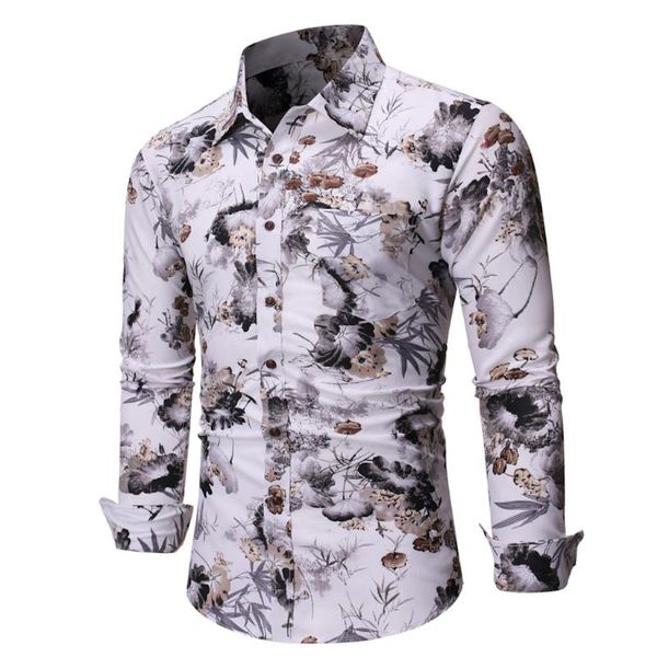 

men's spring summer shirts casual slim printed long sleeve shirts beach blouse fashion hawaiian shirt men camisa masculina, White;black