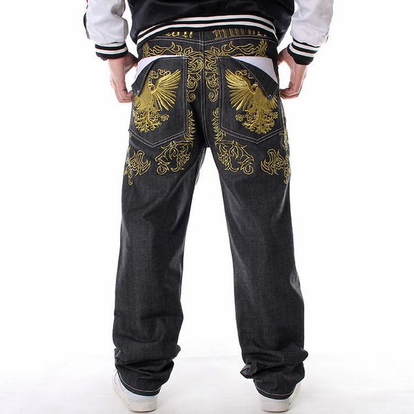 

loose embroidery wings straight denim jeans pants men's hip-hop jeans male hip hop streetwear long cowboy trousers large size, Blue