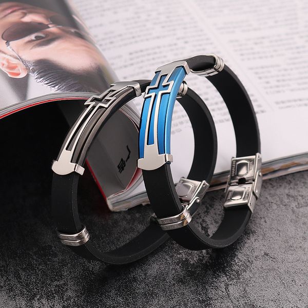 

новый крест черный силиконовый обруч браслеты для пары нержавеющая сталь христианский знак браслет женщины мужчины мода ювелирные изделия по, Golden;silver