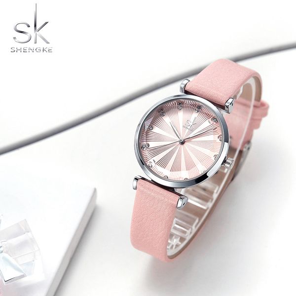 

shengke sk women's watches luxury ladies watch leather watches for women fashion bayan kol saati diamond reloj mujer 2019 new, Slivery;brown