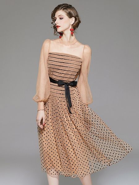 

2020 новое ретро сетчатое марлевое платье в горошек с пышным рукавом высокая талия плиссированные платья sexy see though lace-up women party, Black;gray