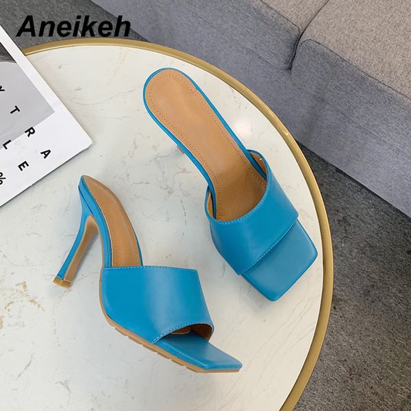 

aneikeh new 2020 summer women slipper square toe thin high heel ladies sandal mules elegant dress shoes slides y200422926441, Blue;gray