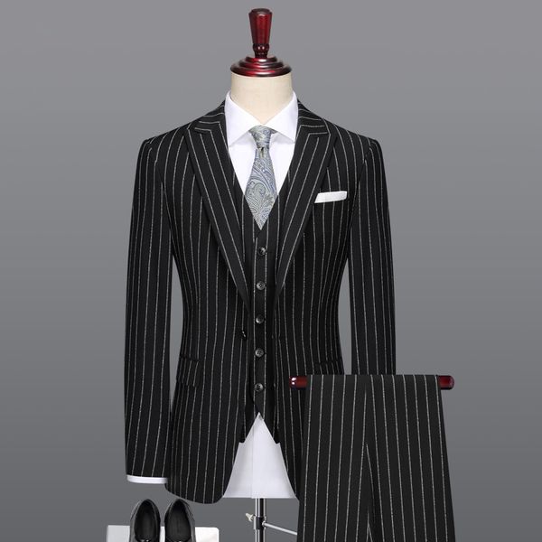 

men suit black white striped business groom wear mens suits with pants vests wedding suits for men man suit slim fit 6xl plus 58, White;black