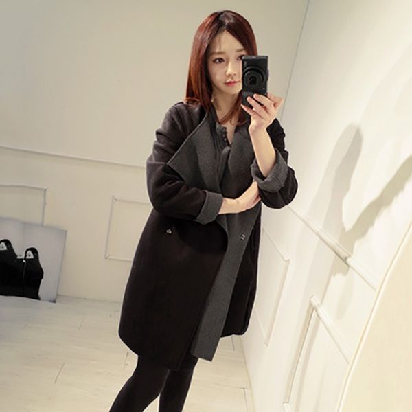 

womens wide-waisted open stitch coats female long sleeve turn-down collar cardigan autumn winter warm coat, Black